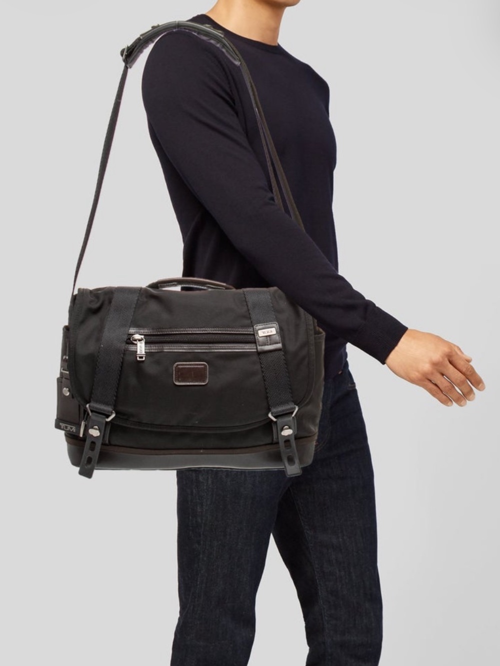 Tumi Dark Gray Nylon Messenger Bag with Dark Brown Trim